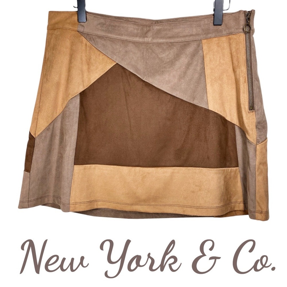 New York & Co. Faux‎ Suede Patchwork Mini Skirt Brown Earth Tone Boho, Size 8